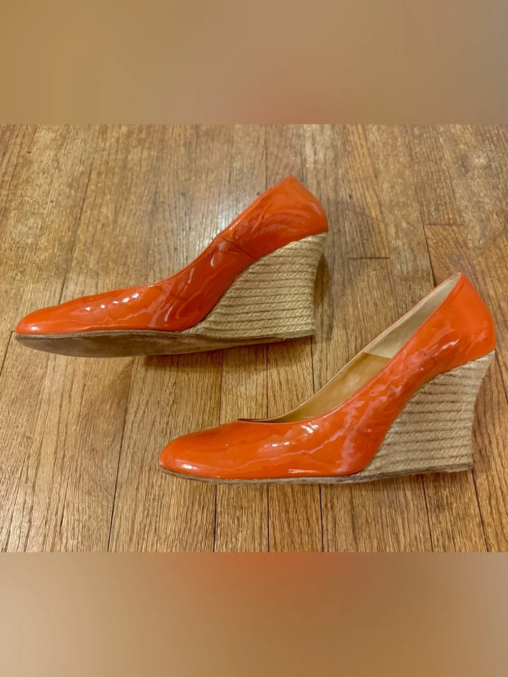 Lanvin Orange Patent Espadrille Wedge Pumps - Braided Jute Heel - 41